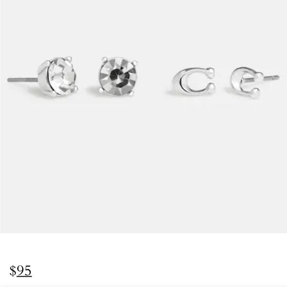 NEW COACH Silver White Bag Card CZ Signature And Stone Stud Earrings Set 2 - Picture 7 of 7